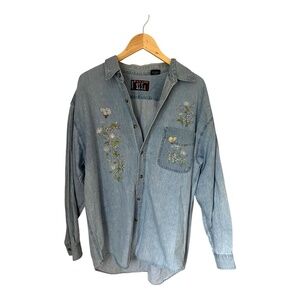 Vintage Cotton Denim Oversized Button-Down Shirt with painted floral details
